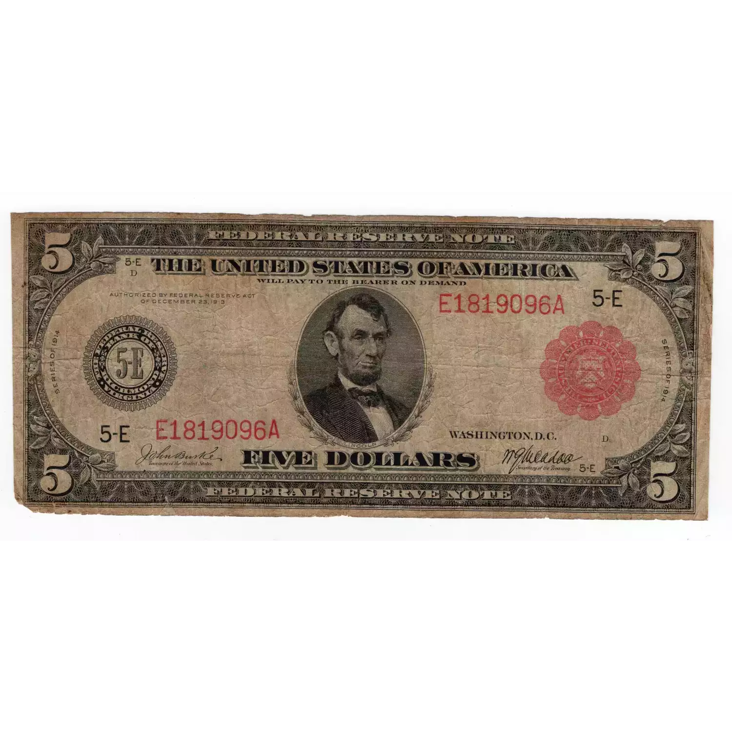 $5 1914 Red Seal Federal Reserve Notes 836B