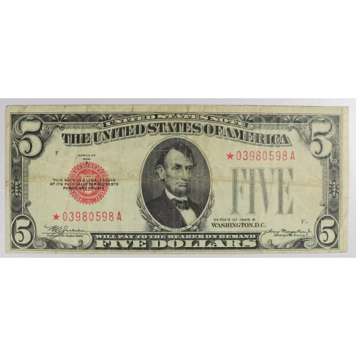 $5 1928-B red seal. Small Legal Tender Notes 1527* (2)