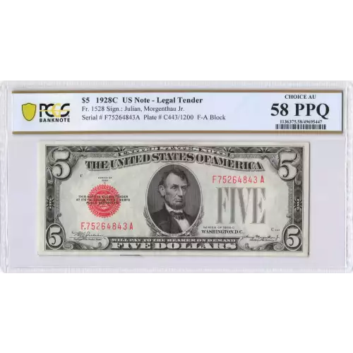 $5 1928-C red seal. Small Legal Tender Notes 1528