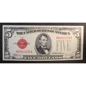 $5 1928-E red seal. Small Legal Tender Notes 1530