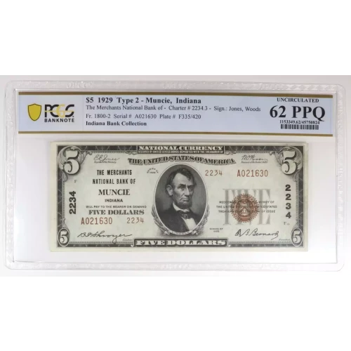 $5 1929 Muncie, IN National Note Type II PCGS 62 PPQ 