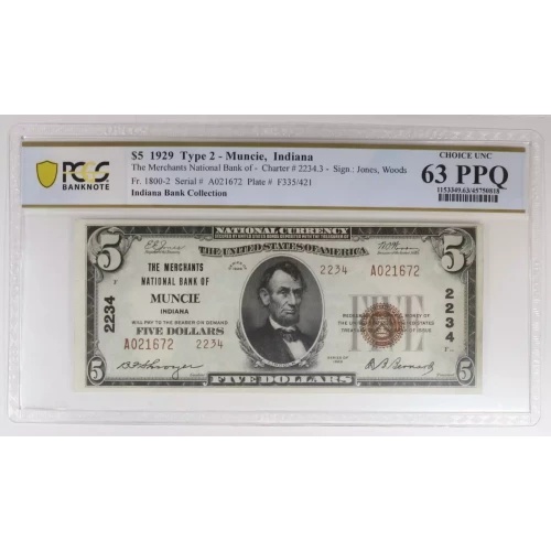 $5 1929 Muncie, IN National Note Type II PCGS 63 PPQ