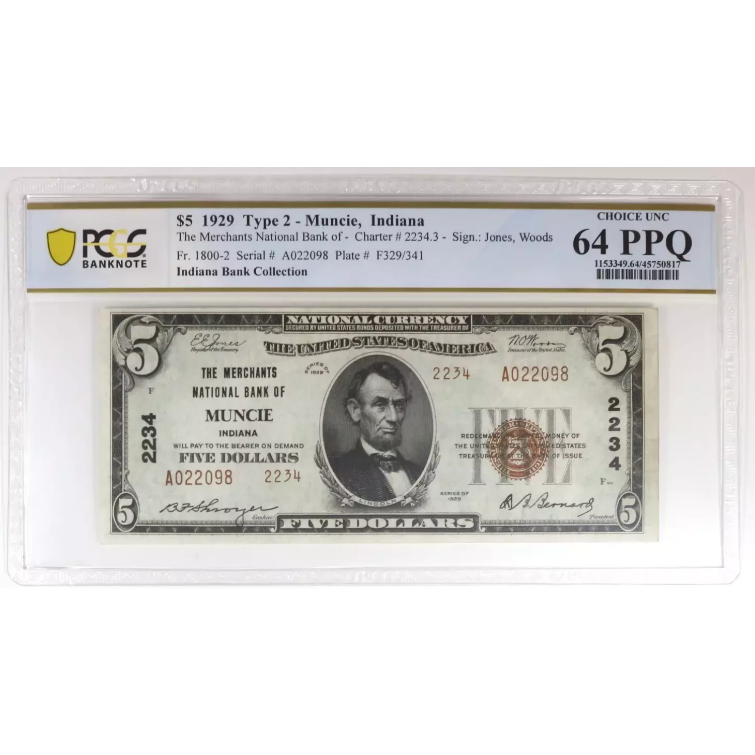 $5 1929 Muncie, IN National Note Type II PCGS 64 PPQ  (2)