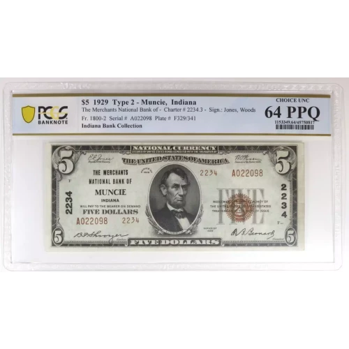 $5 1929 Muncie, IN National Note Type II PCGS 64 PPQ  (2)