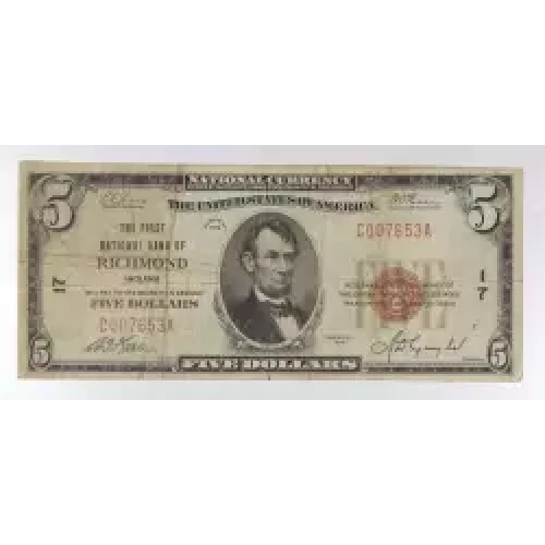 $5 1929 Small brown seal Small National Bank Notes 1800-1