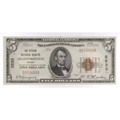 $5 1929 Small brown seal Small National Bank Notes 1800-1