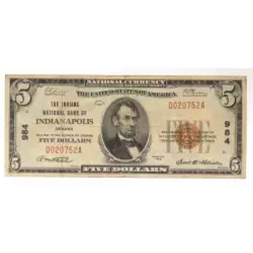 $5 1929 Small brown seal Small National Bank Notes 1800-1