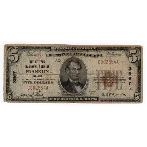 $5 1929 Small brown seal Small National Bank Notes 1800-1