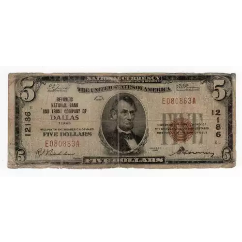 $5 1929 Small brown seal Small National Bank Notes 1800-1