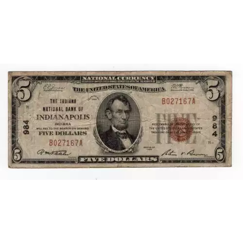 $5 1929 Small brown seal Small National Bank Notes 1800-1