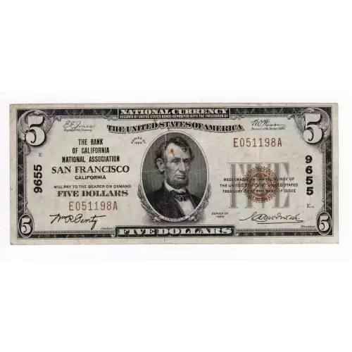 $5 1929 Small brown seal Small National Bank Notes 1800-1