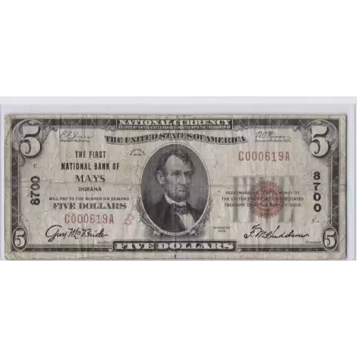 $5 1929 Small brown seal Small National Bank Notes 1800-1