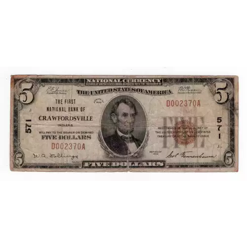 $5 1929 Small brown seal Small National Bank Notes 1800-1