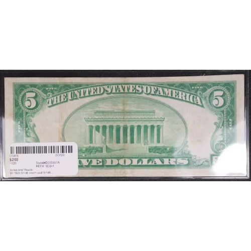 $5 1929 Small brown seal Small National Bank Notes 1800-1