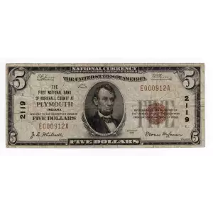 $5 1929 Small brown seal Small National Bank Notes 1800-1