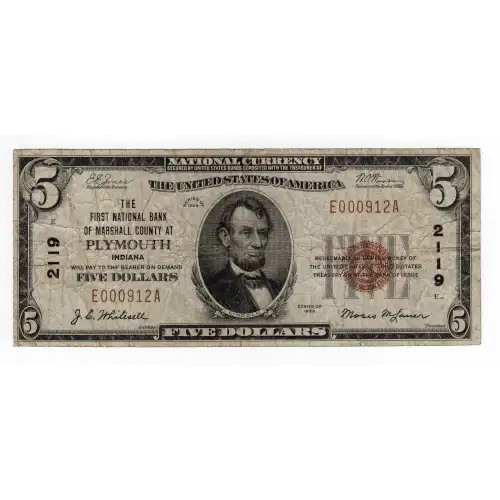 $5 1929 Small brown seal Small National Bank Notes 1800-1