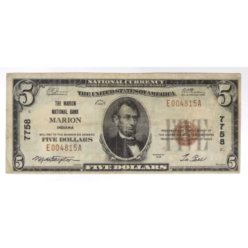 $5 1929 Small brown seal Small National Bank Notes 1800-1