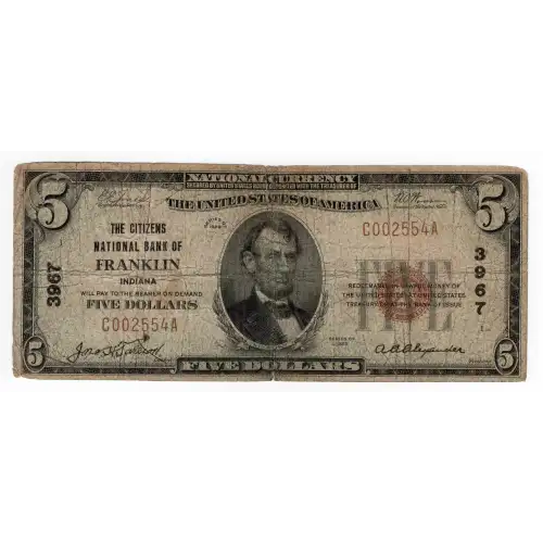 $5 1929 Small brown seal Small National Bank Notes 1800-1