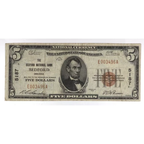 $5 1929 Small brown seal Small National Bank Notes 1800-1