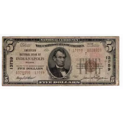$5 1929 small brown seal. Small National Bank Notes 1800-2