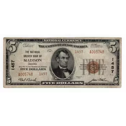 $5 1929 small brown seal. Small National Bank Notes 1800-2