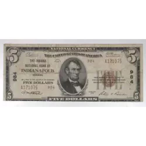 $5 1929 small brown seal. Small National Bank Notes 1800-2