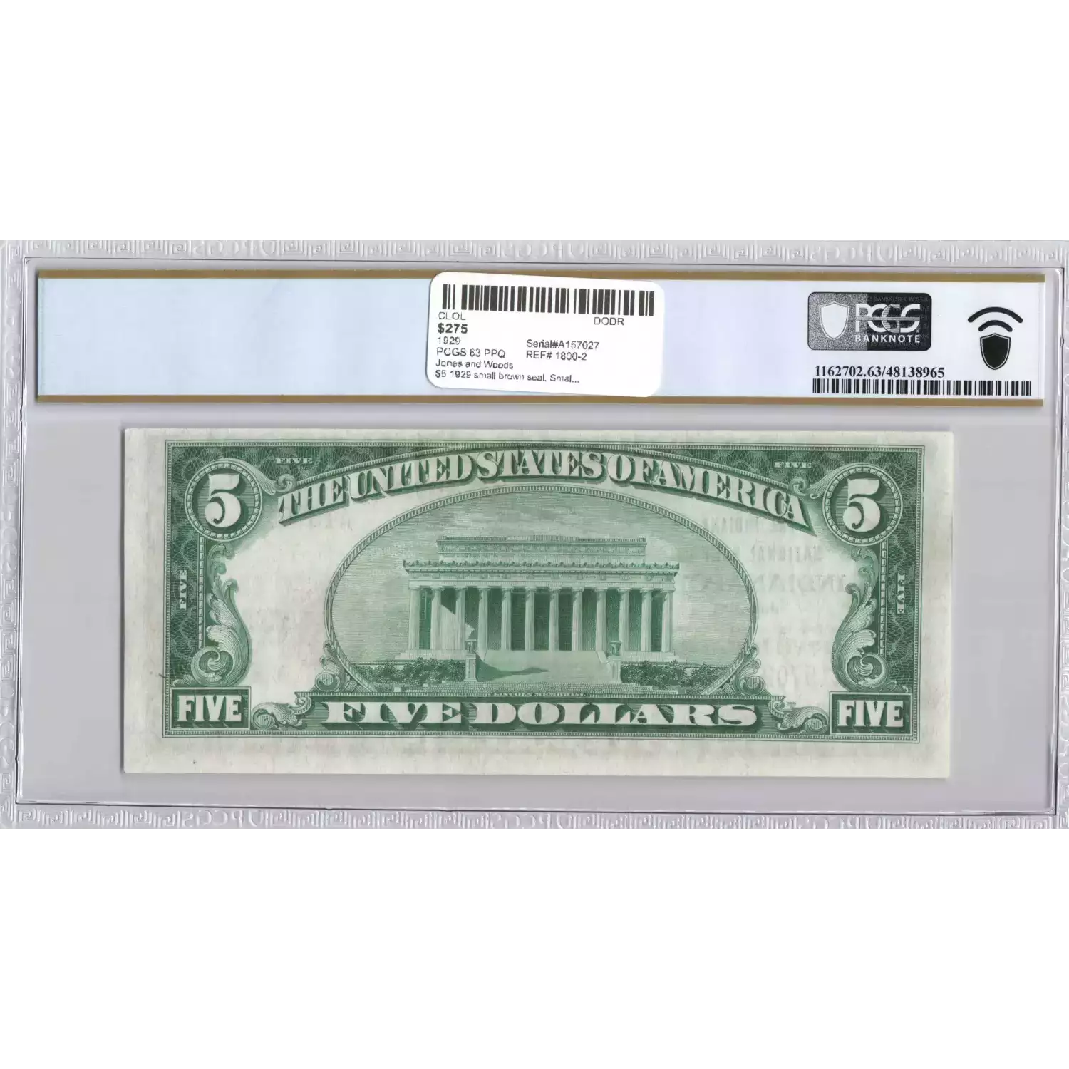 $5 1929 small brown seal. Small National Bank Notes 1800-2 (2)