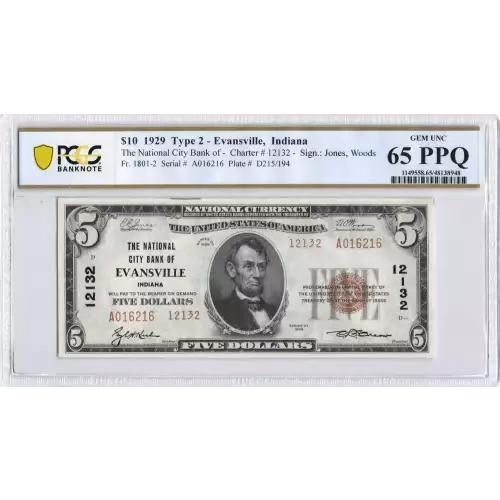 $5 1929 small brown seal. Small National Bank Notes 1800-2