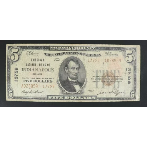 $5 1929 small brown seal. Small National Bank Notes 1800-2