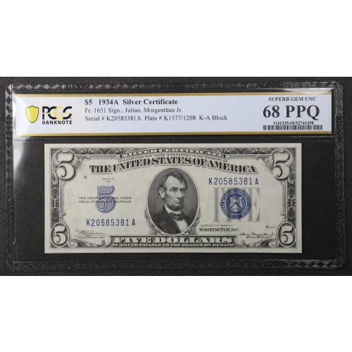 $5 1934-A blue seal. Small Silver Certificates 1651