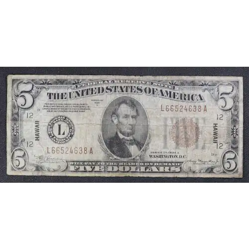 $5 1934-A brown seal Emergency Notes Issued During WW2 2302 (3)