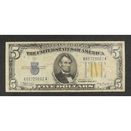 $5 1934-A yellow seal Emergency Notes Issued During WW2 2307