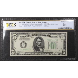 $5 1934 blue-Green seal. Small Size $5 Federal Reserve Notes 1956-Fm