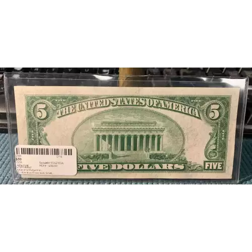 $5 1934 blue-Green seal. Small Size $5 Federal Reserve Notes 1956-Hm