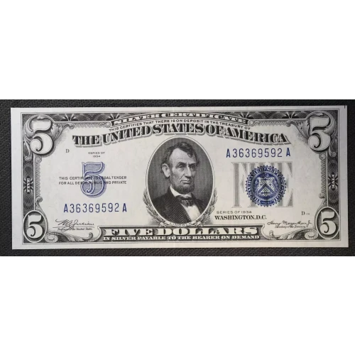$5 1934 blue seal. Small Silver Certificates 1650