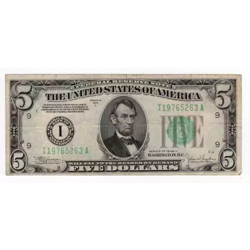 $5 1934-C. blue-Green seal. Small Size $5 Federal Reserve Notes 1959-I