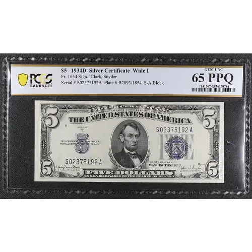$5 1934-D blue seal. Small Silver Certificates 1654
