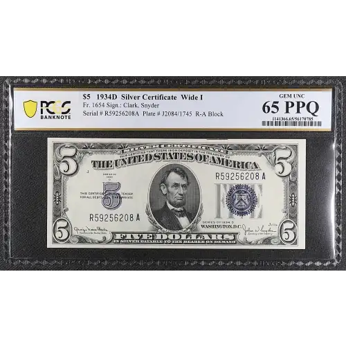 $5 1934-D blue seal. Small Silver Certificates 1654