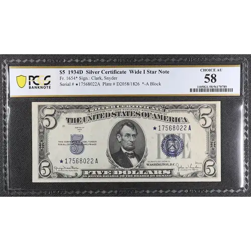 $5 1934-D blue seal. Small Silver Certificates 1654*