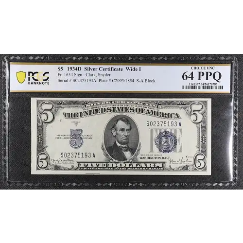 $5 1934-D blue seal. Small Silver Certificates 1654