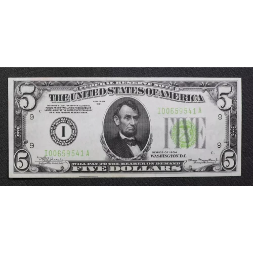 $5 1934 light Green seal. Small Size $5 Federal Reserve Notes 1955-I (2)