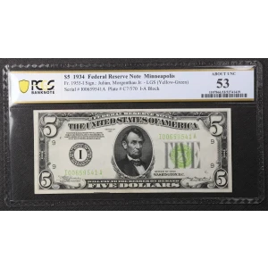 $5 1934 light Green seal. Small Size $5 Federal Reserve Notes 1955-I (2)