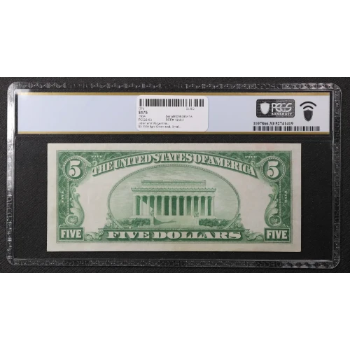 $5 1934 light Green seal. Small Size $5 Federal Reserve Notes 1955-I