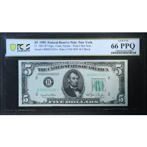 $5 1950 blue-Green seal. Small Size $5 Federal Reserve Notes 1961-B*