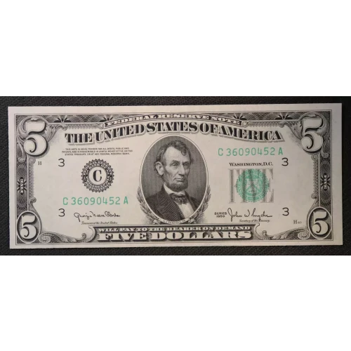 $5 1950 blue-Green seal. Small Size $5 Federal Reserve Notes 1961-C