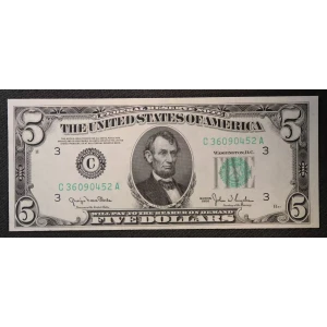 $5 1950 blue-Green seal. Small Size $5 Federal Reserve Notes 1961-C