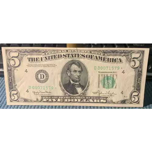 $5 1950 blue-Green seal. Small Size $5 Federal Reserve Notes 1961-D*