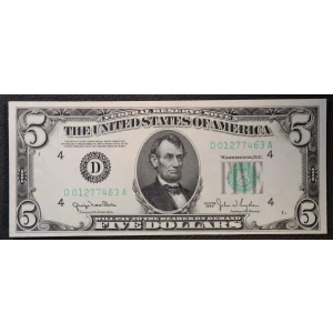 $5 1950 blue-Green seal. Small Size $5 Federal Reserve Notes 1961-D