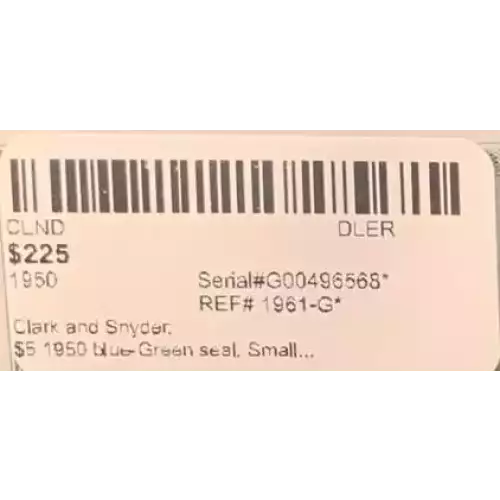 $5 1950 blue-Green seal. Small Size $5 Federal Reserve Notes 1961-G*