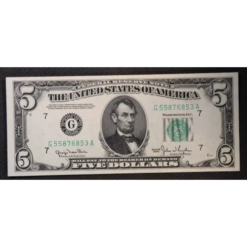 $5 1950 blue-Green seal. Small Size $5 Federal Reserve Notes 1961-G